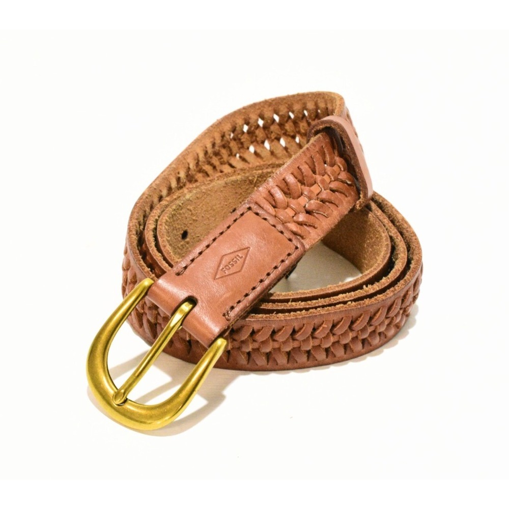 Fossil Light Brown Braided Leather Skinny Belt M Brass Tone Buckle 1.25" Wide